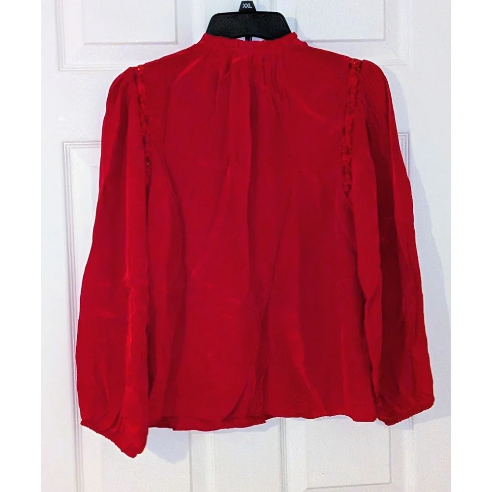 J.Crew CN519 Red Lace Trim Pintuck Ruffle Blouse‎ Top Size 0 NWT  $98